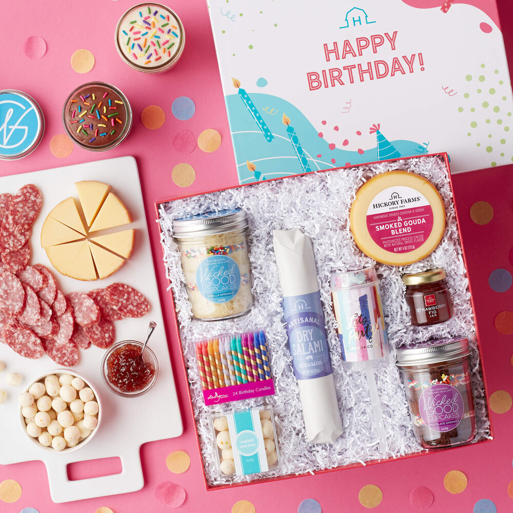 Birthday Party Gift Box includes cupcakes, Italian Dry Salami, Smoked Gouda Blend, Strawberry Fig Jam, Cake Bites, and birthday candles