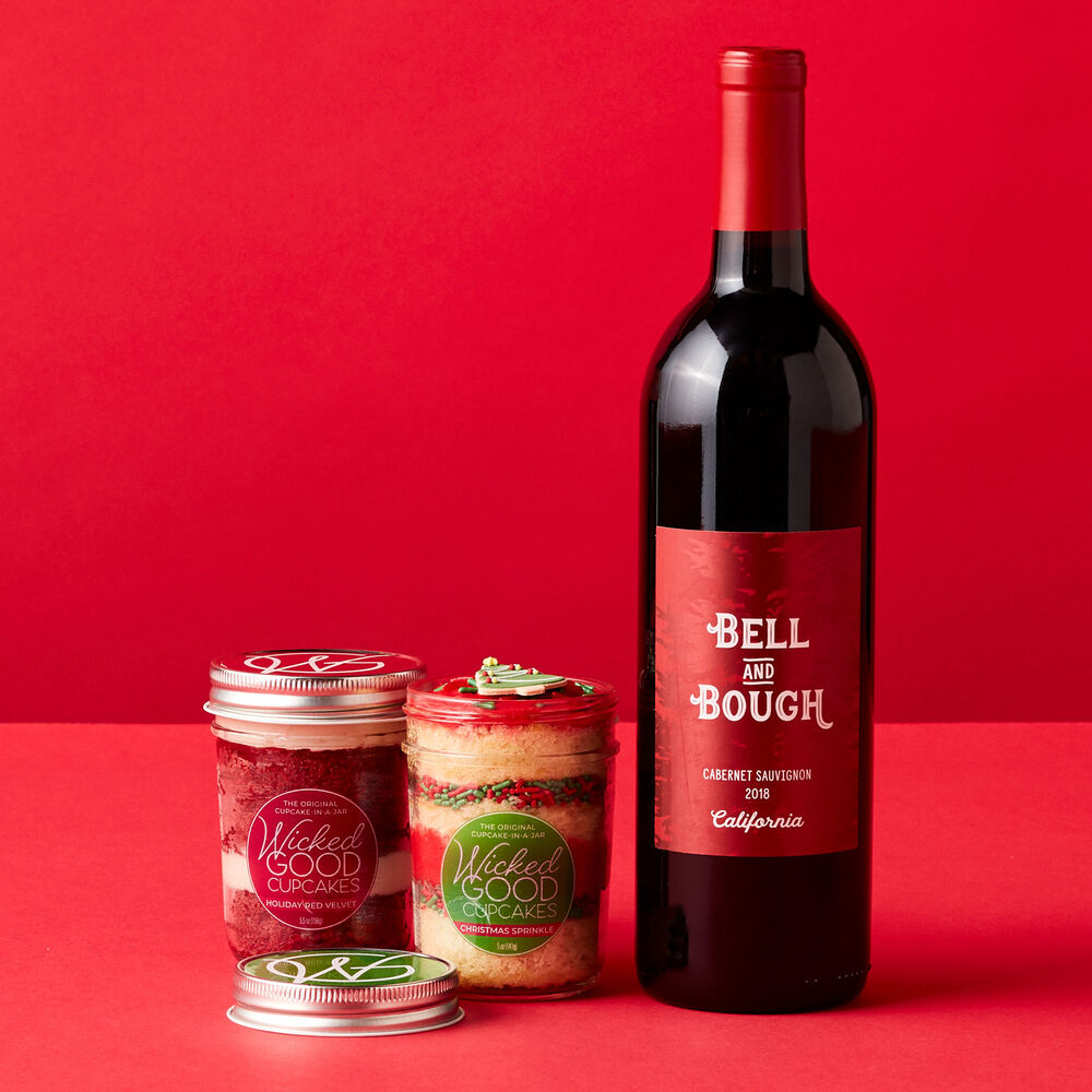 Christmas Sprinkle and Holiday Red Velvet Cupcake Jars are deliciously paired with Bell &amp; Bough California Cabernet Sauvignon. 