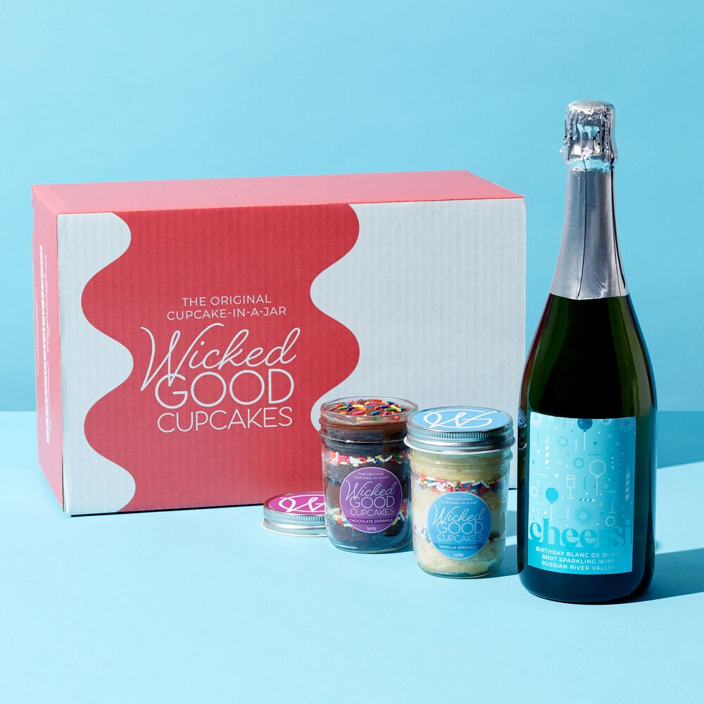 Birthday Cupcake 2-Pack &amp; Wine Gift Set on blue background image number null