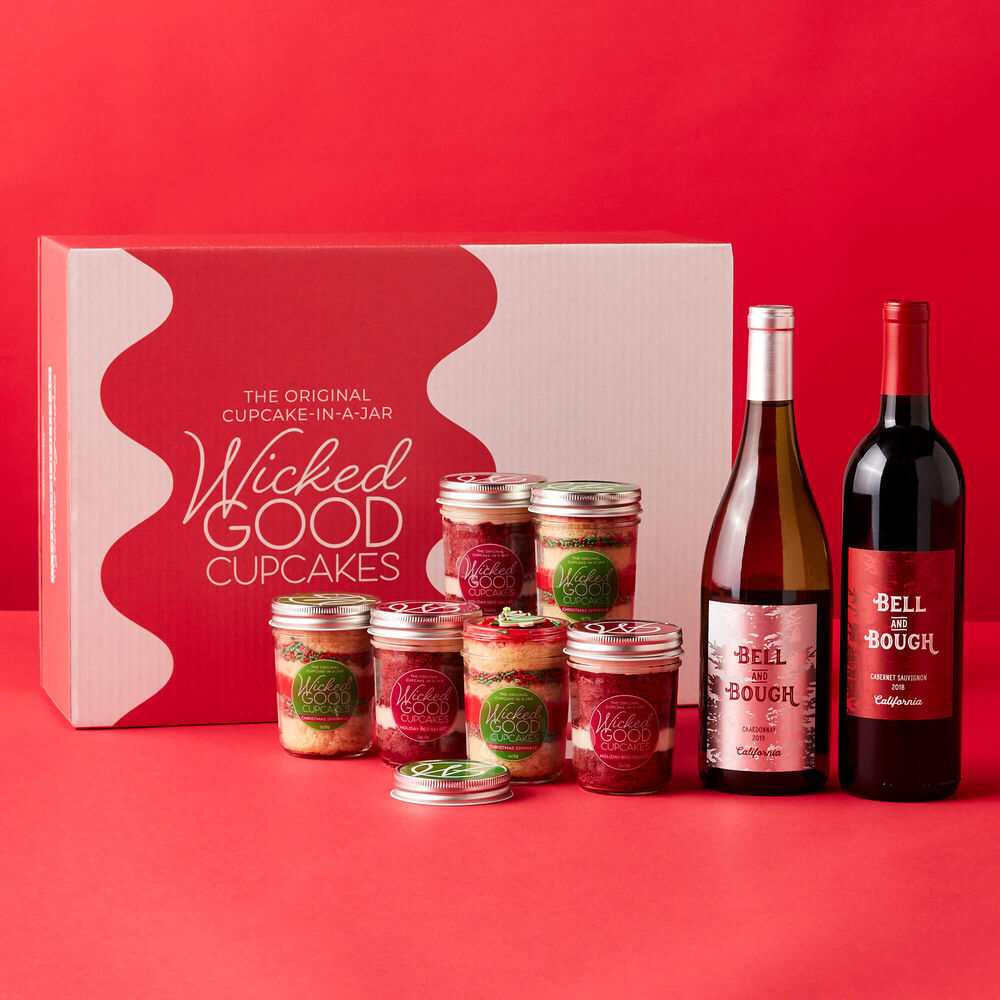 Alternative view of the Holiday Cupcake 6 Pack and Wine Gift next to its box. image number null