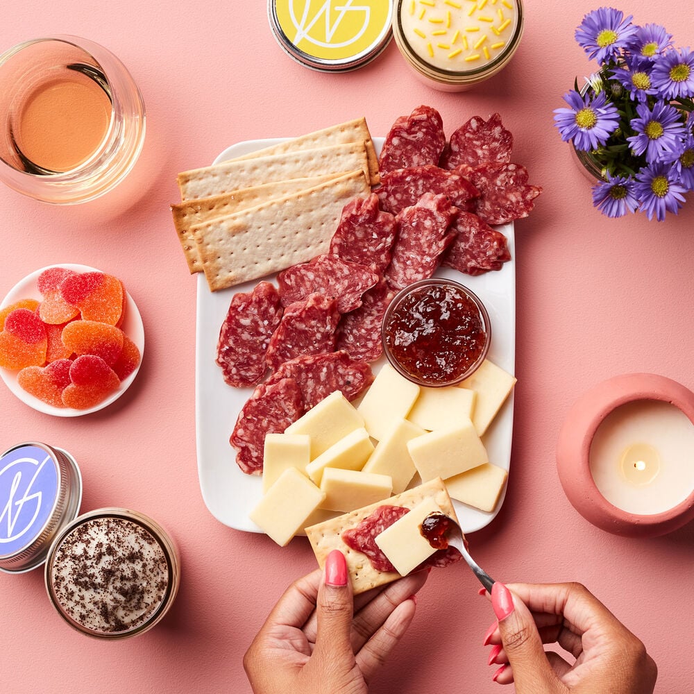 Charcuterie spread of Blooms &amp; Bites Wine Gift Set image number null