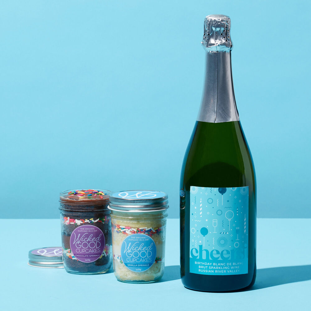 Vanilla Sprinkle and Chocolate Sprinkle Cupcake Jars, paired with Cheersi Birthday Blanc de Blanc Brut Sparkling Wine.