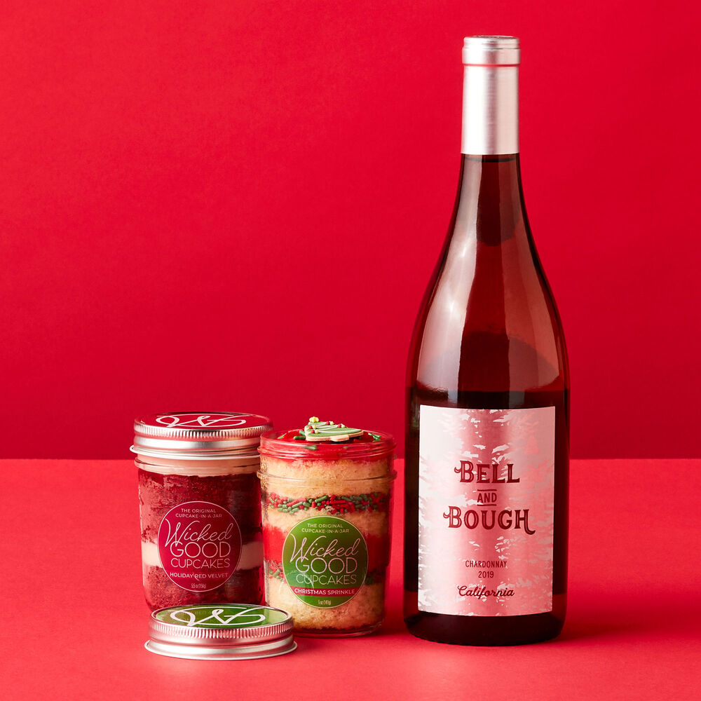 Christmas Sprinkle and Holiday Red Velvet Cupcake Jars are deliciously paired with Bell &amp; Bough California Chardonnay.
