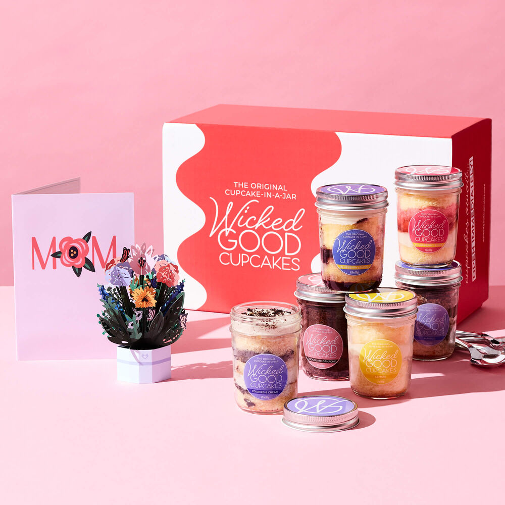 Mix &amp; Match Mother&#39;s Day Cupcake 6-Pack and LovePop card with the word Mom on the outside and a pop-up bouquet inside