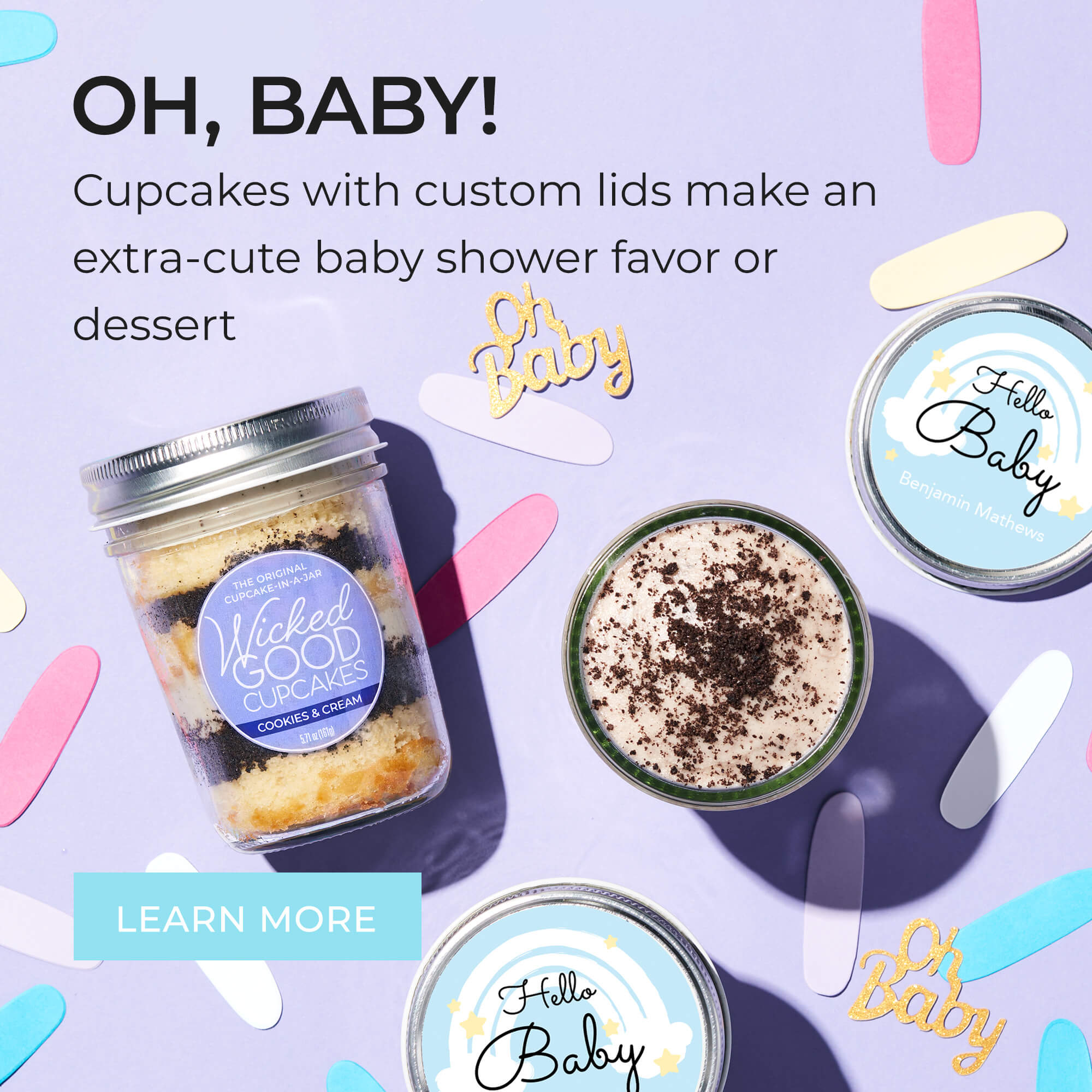 Oh, baby! Cupcakes with custom lids make an extra-cute baby shower favor or dessert.